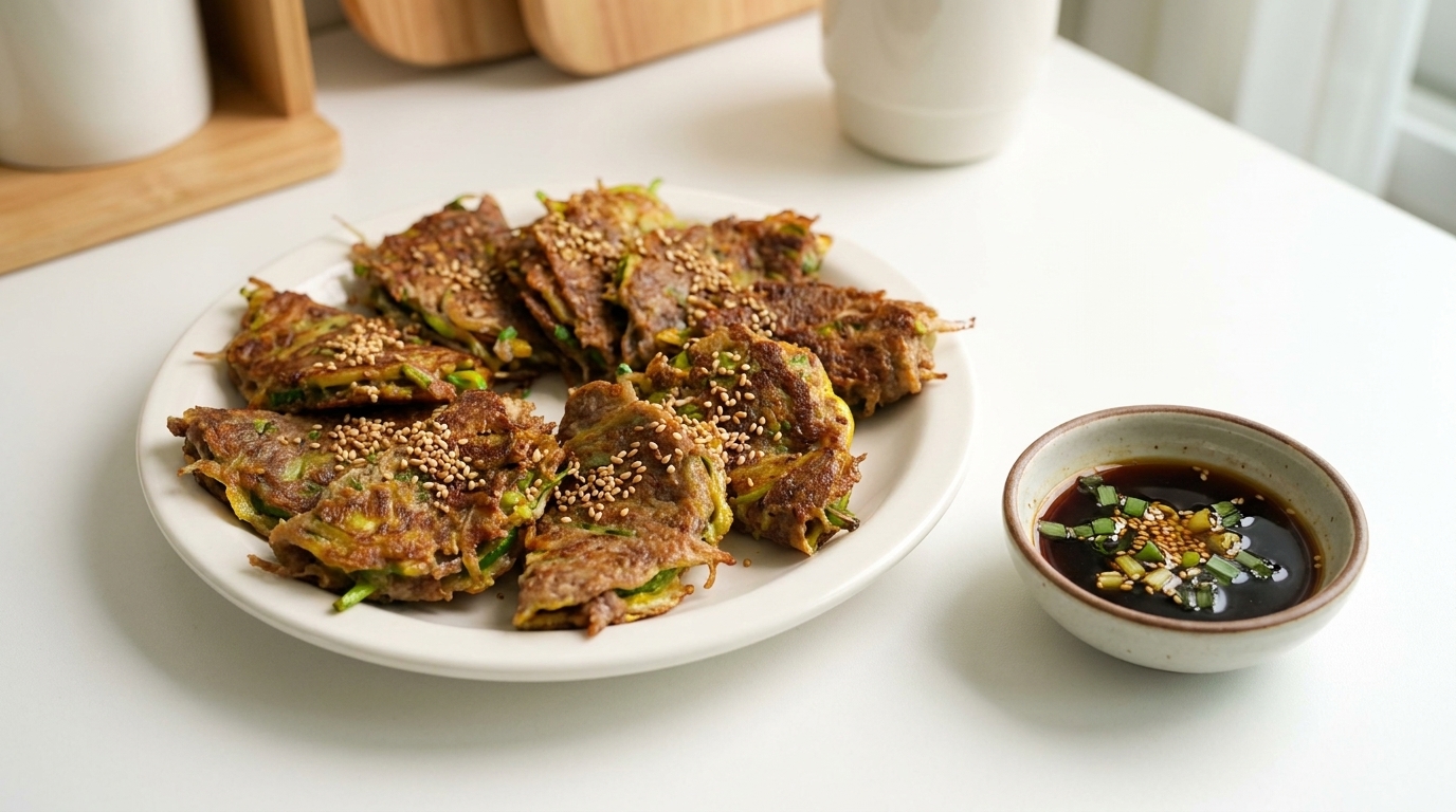 Pancake coreani dorati con manzo e zucchine, serviti con una saporita salsa di soia.