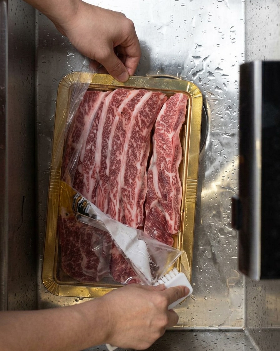 Primo piano di costine di manzo fresche sciacquate sotto lacqua corrente in una vaschetta metallica.