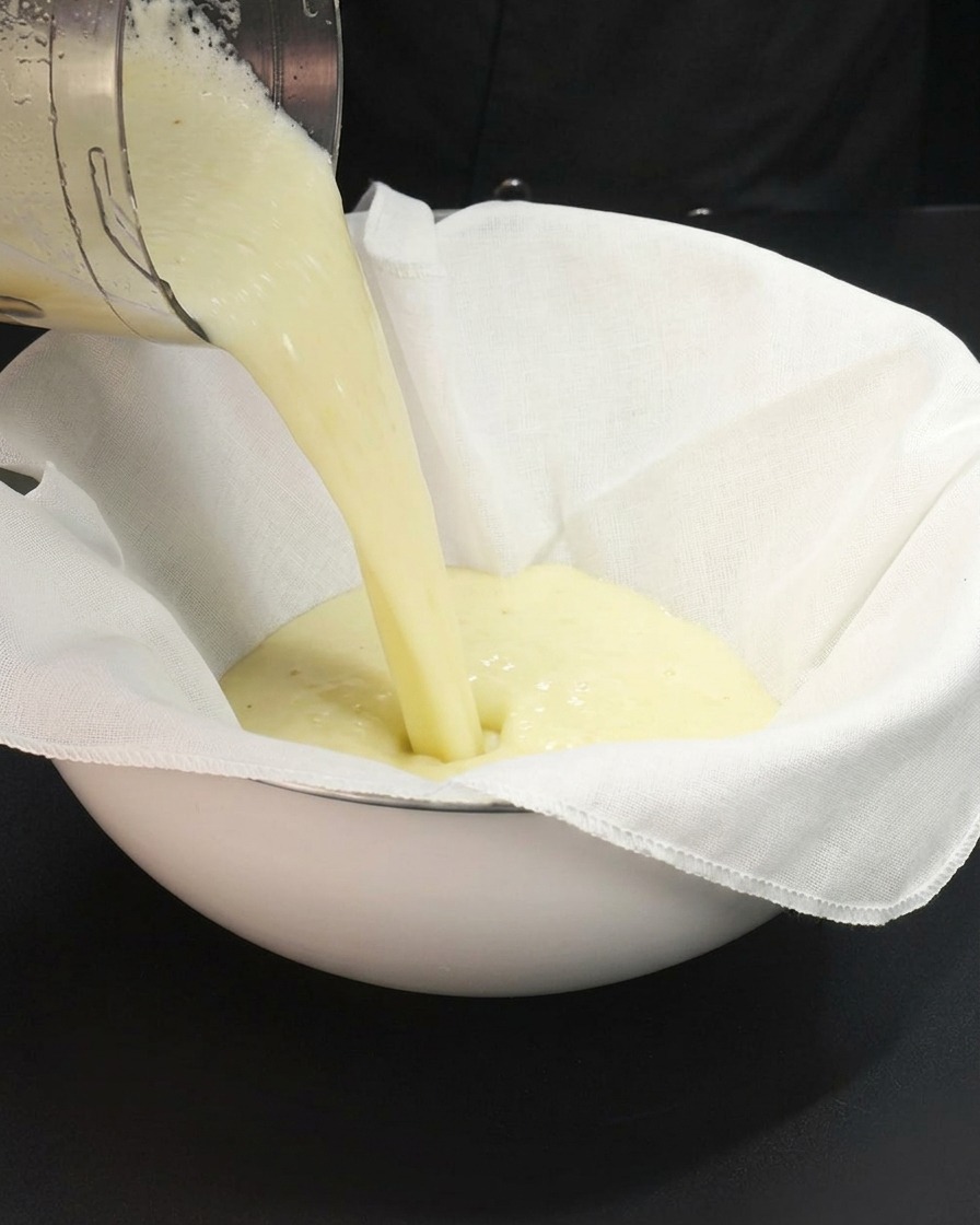 Il composto di frutta frullato versato in un panno di cotone bianco sopra una ciotola per filtrare.