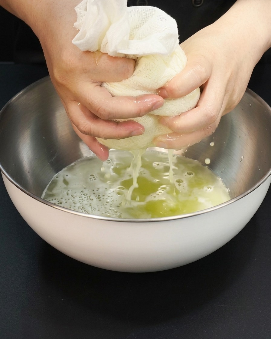 Salsa di soia scura versata in una ciotola contenente la base di succo di frutta filtrato.