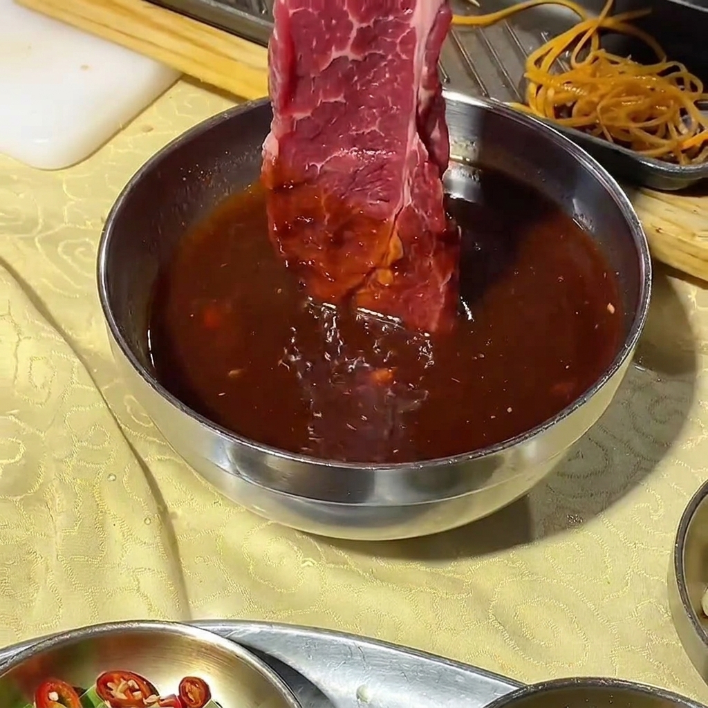 Una fetta di manzo crudo che viene intinta in una ciotola di metallo piena di scura marinatura per barbecue coreano.