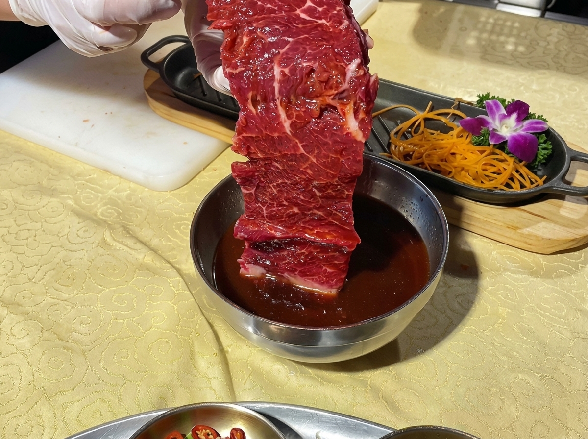 Un grosso pezzo di manzo marinato sollevato da una ciotola, pronto per essere adagiato su un vassoio guarnito.