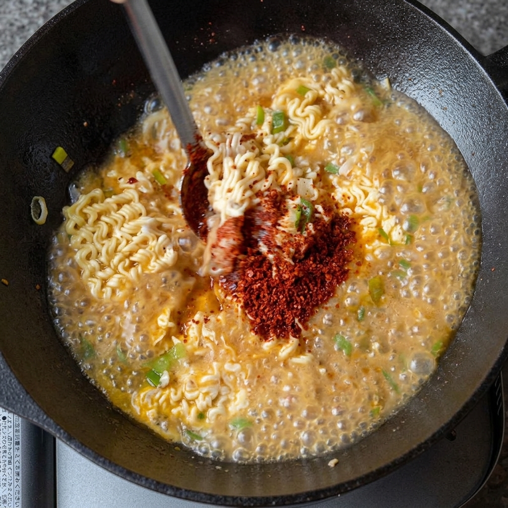 Primo piano degli ingredienti della salsa mescolati in un contenitore di metallo con un cucchiaio.