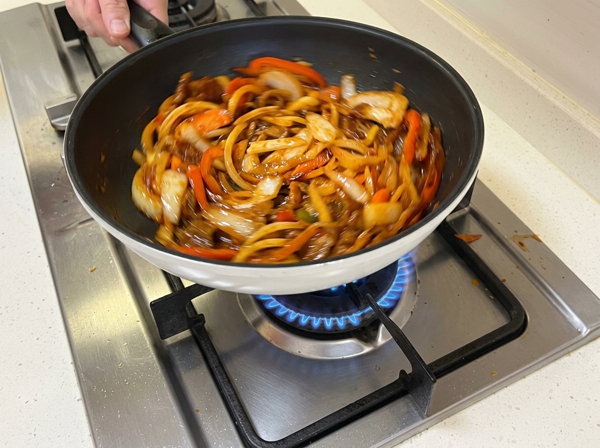Cipolle e carote affettate aggiunte nella padella contenente il maiale e la salsa.