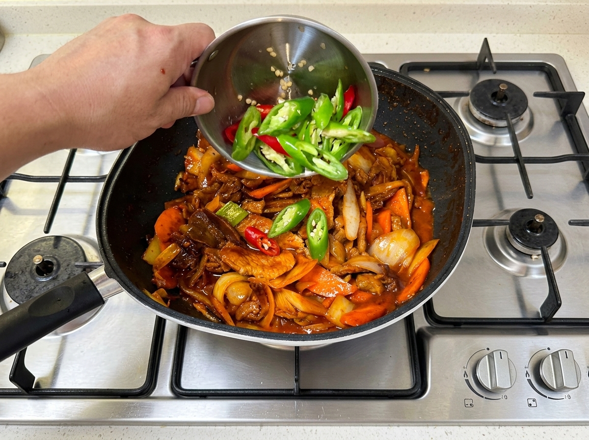 Fettine di peperoncino verde e rosso aggiunte al piatto con un tocco finale di olio di sesamo.