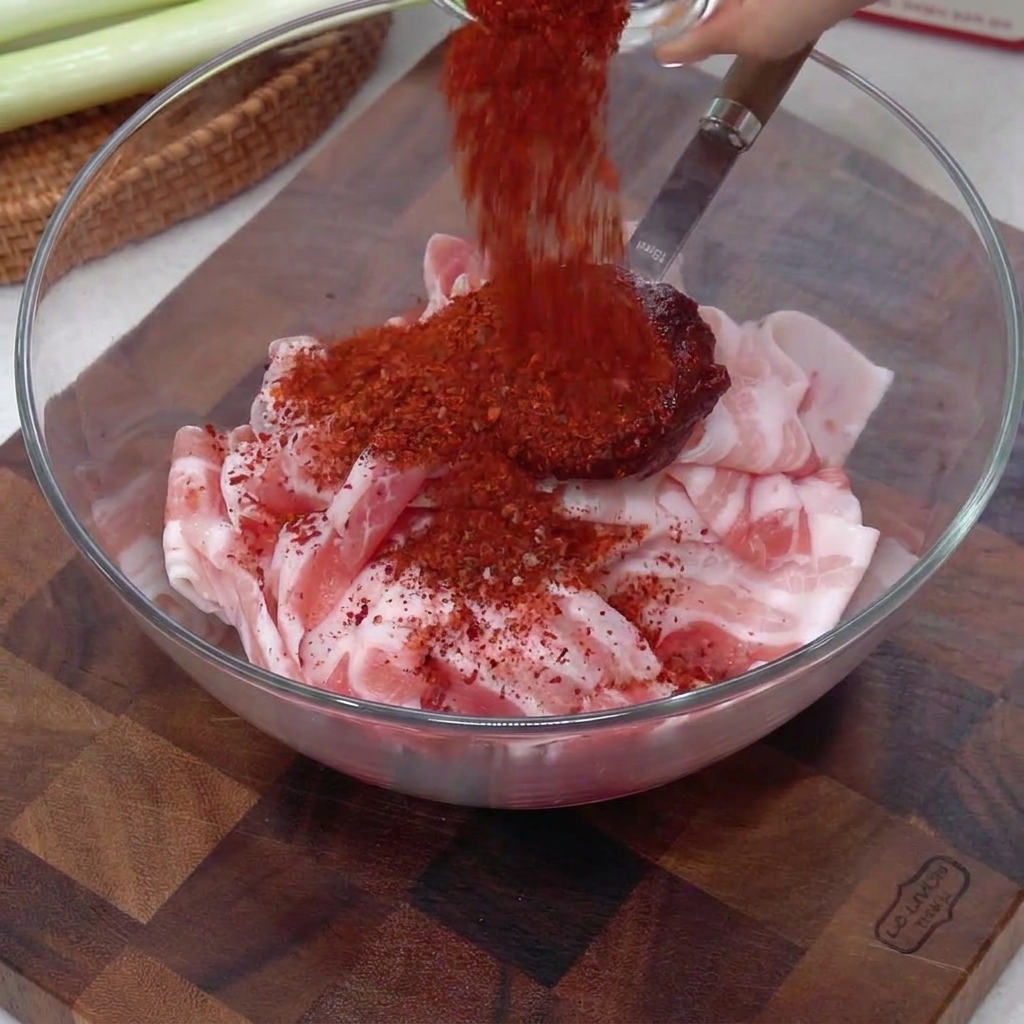 Peperoncino rosso in polvere versato da un piccolo cucchiaio sopra la pancetta di maiale cruda in una ciotola di vetro.