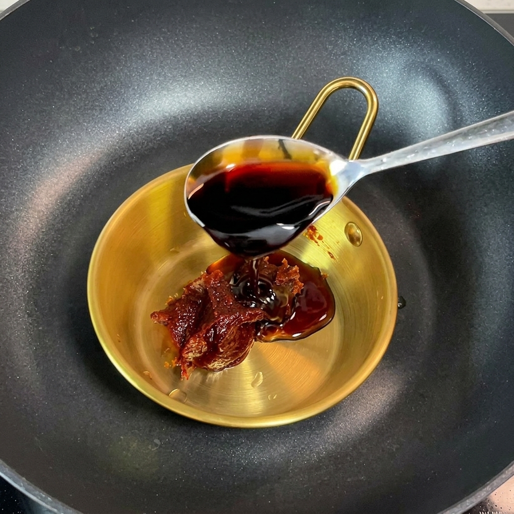 Primo piano di una ciotola dorata contenente una salsa densa e rosso scuro mescolata con un cucchiaio di metallo.