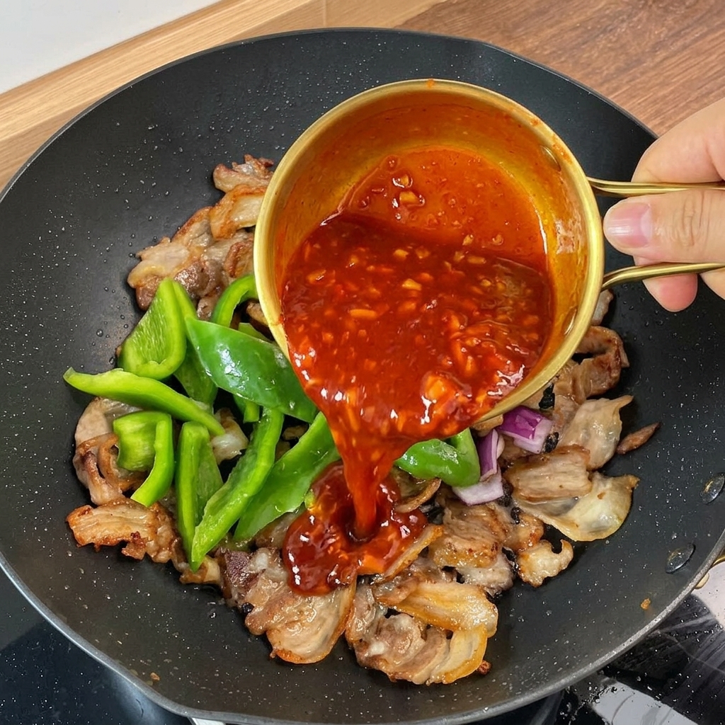 La salsa rosso scuro viene versata da una ciotola dorata nella padella, a cascata sulla carne e sulle verdure.