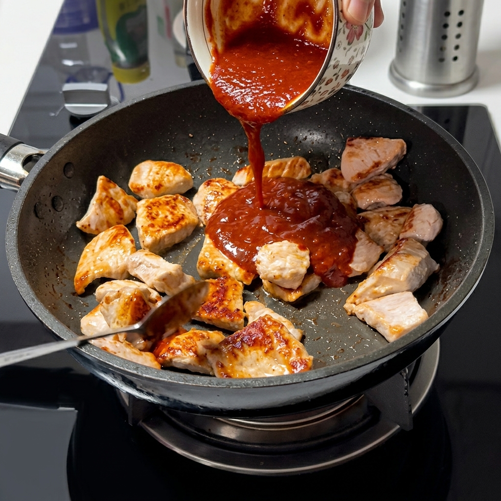 Versare la salsa piccante rosso scuro da una ciotolina decorata sui pezzi di maiale parzialmente cotti in padella.