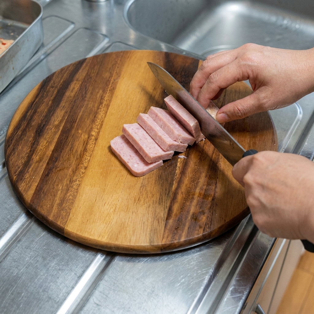 Kimchi rosso fermentato tagliato a pezzi più piccoli su un tagliere di legno.