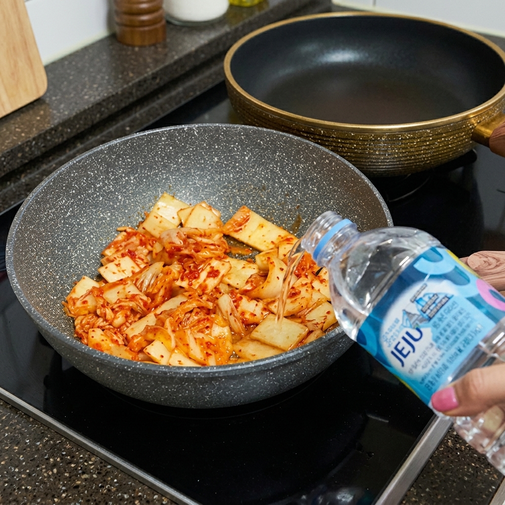 Acqua versata da una bottiglia nella padella contenente il kimchi saltato.