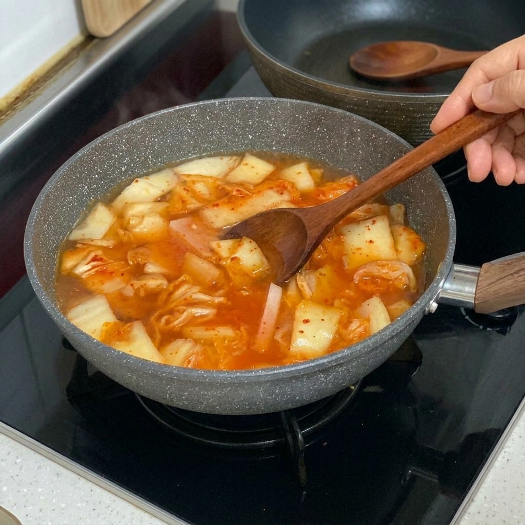 Fette di tofu bianco collocate con cura nello stufato di kimchi rosso gorgogliante.