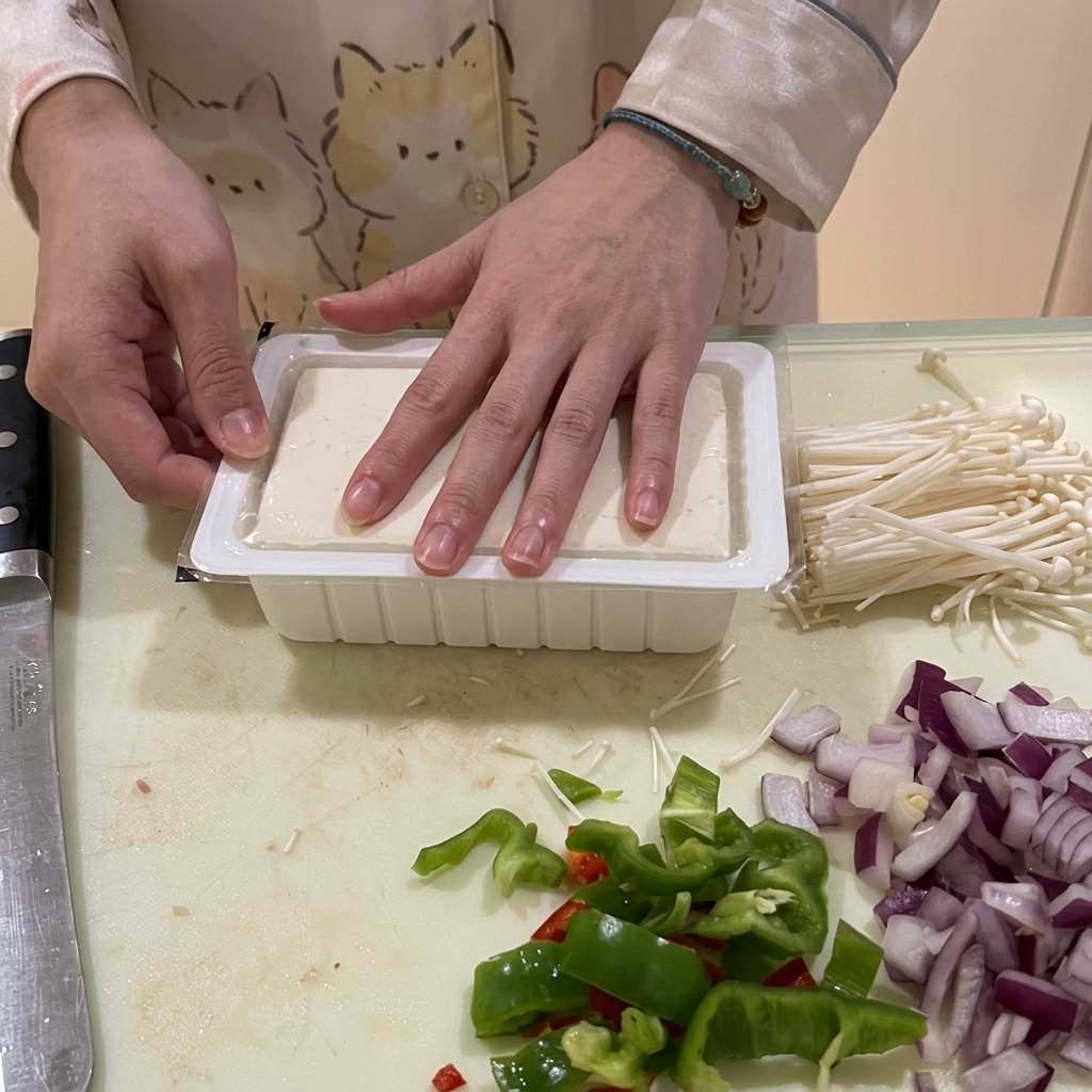 Un panetto di tofu seta rimosso dalla confezione di plastica tagliando gli angoli.