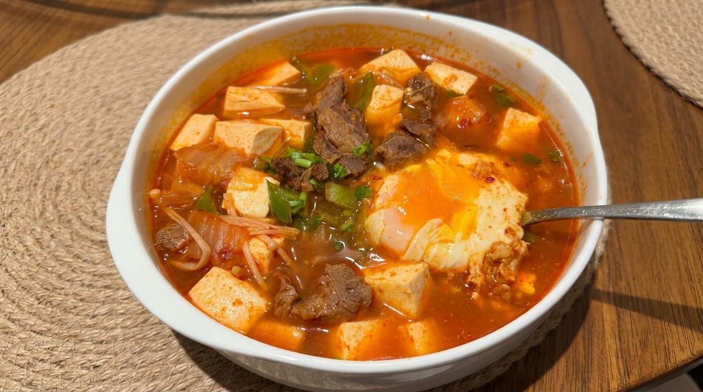 Zuppa Coreana Piccante di Kimchi, Manzo e Tofu