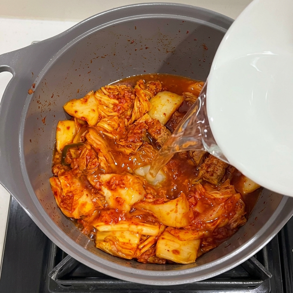 Acqua che viene versata nella pentola con lo Spam e il kimchi, con laggiunta di aglio tritato.