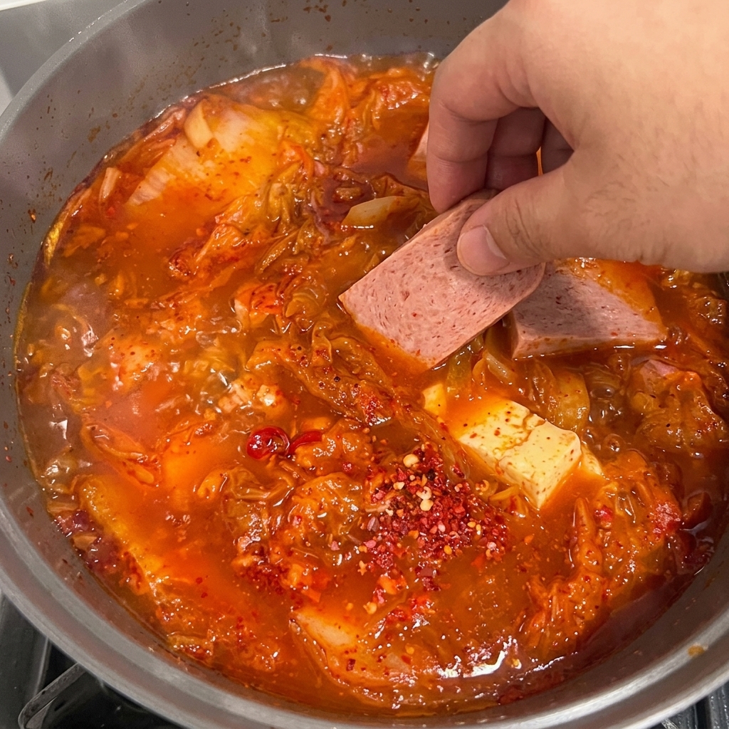 Fette di Spam e tofu che vengono aggiunte delicatamente allo stufato di kimchi che sobbolle.