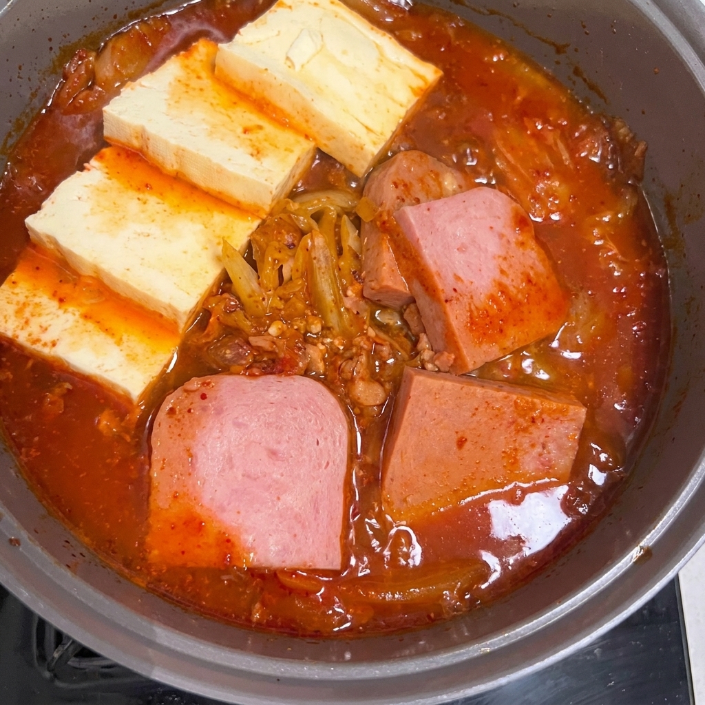 Una pentola di stufato di kimchi e Spam pronto, guarnito con peperoncini verdi freschi e scalogno.