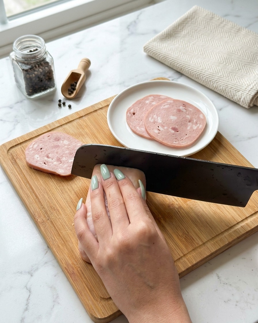 Mani che affettano accuratamente un blocco di carne in scatola in pezzi rettangolari uniformi su un tagliere di legno.
