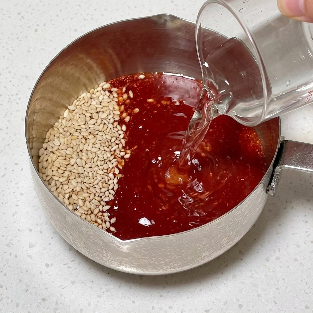 Versare acqua limpida in un piccolo pentolino di metallo contenente pasta di peperoncino rossa brillante, salsa di soia e semi di sesamo bianchi.