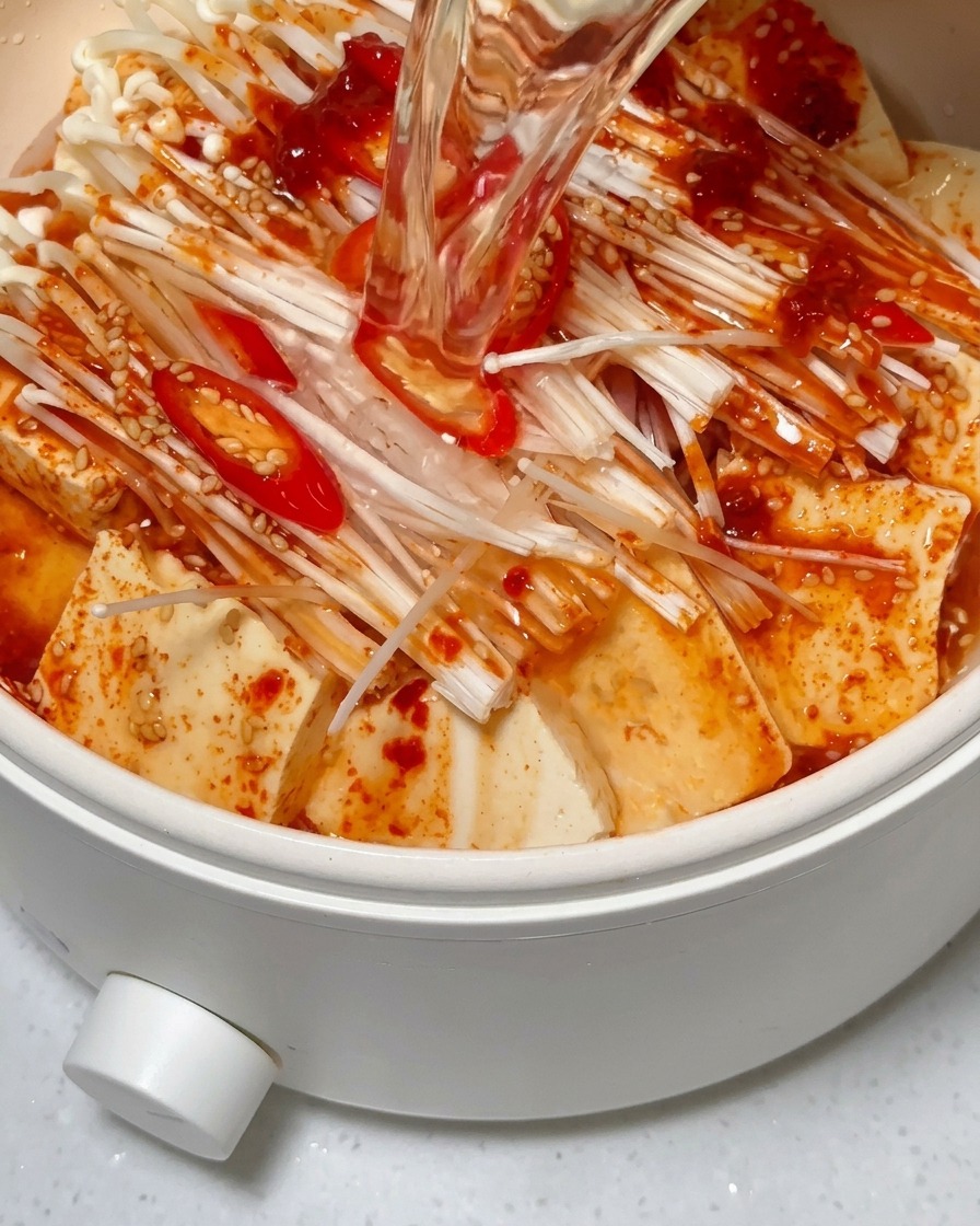 Acqua aggiunta nella pentola, che copre parzialmente il tofu e la carne conditi.