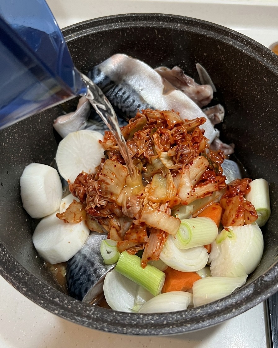 Un getto di acqua limpida versata da una brocca blu nella pentola di cottura contenente sgombro, ravanello e kimchi.