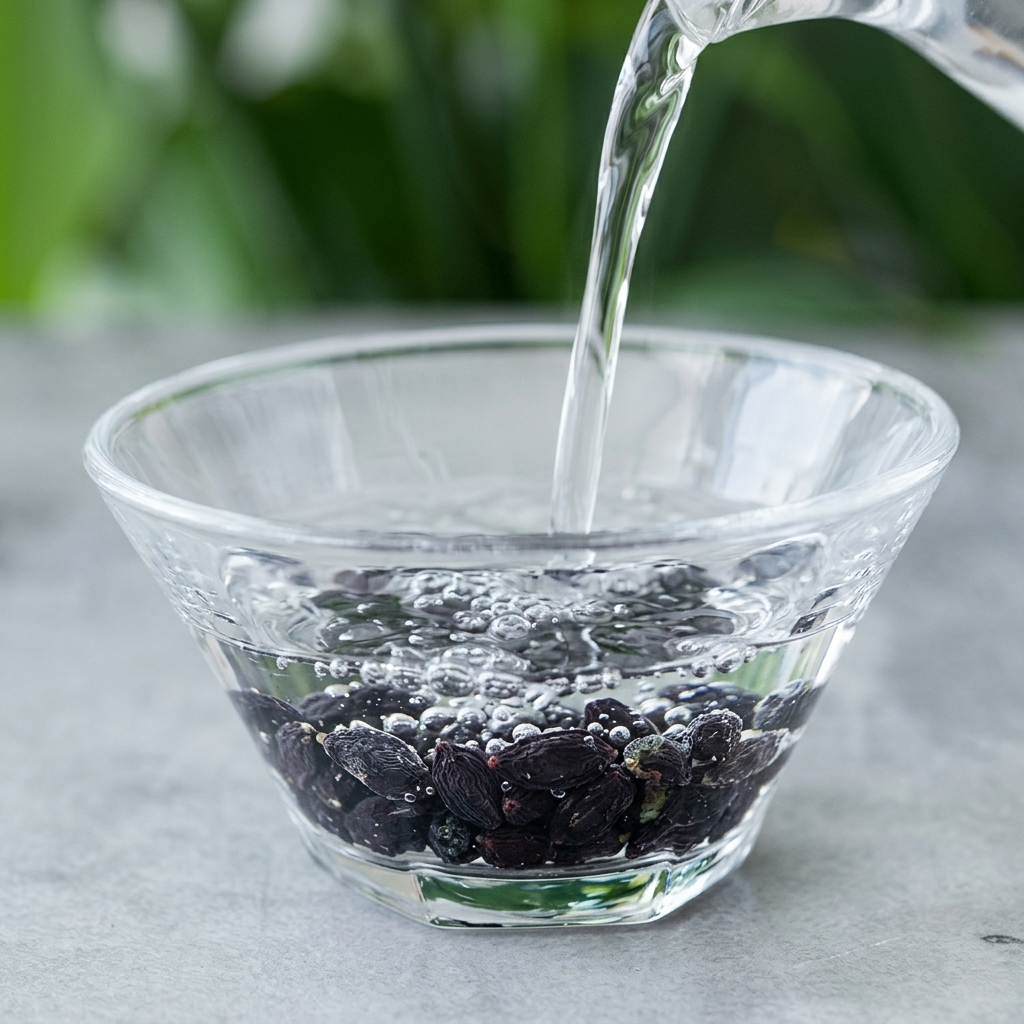 Acqua calda versata su una piccola porzione di alga wakame essiccata in una ciotola di vetro.