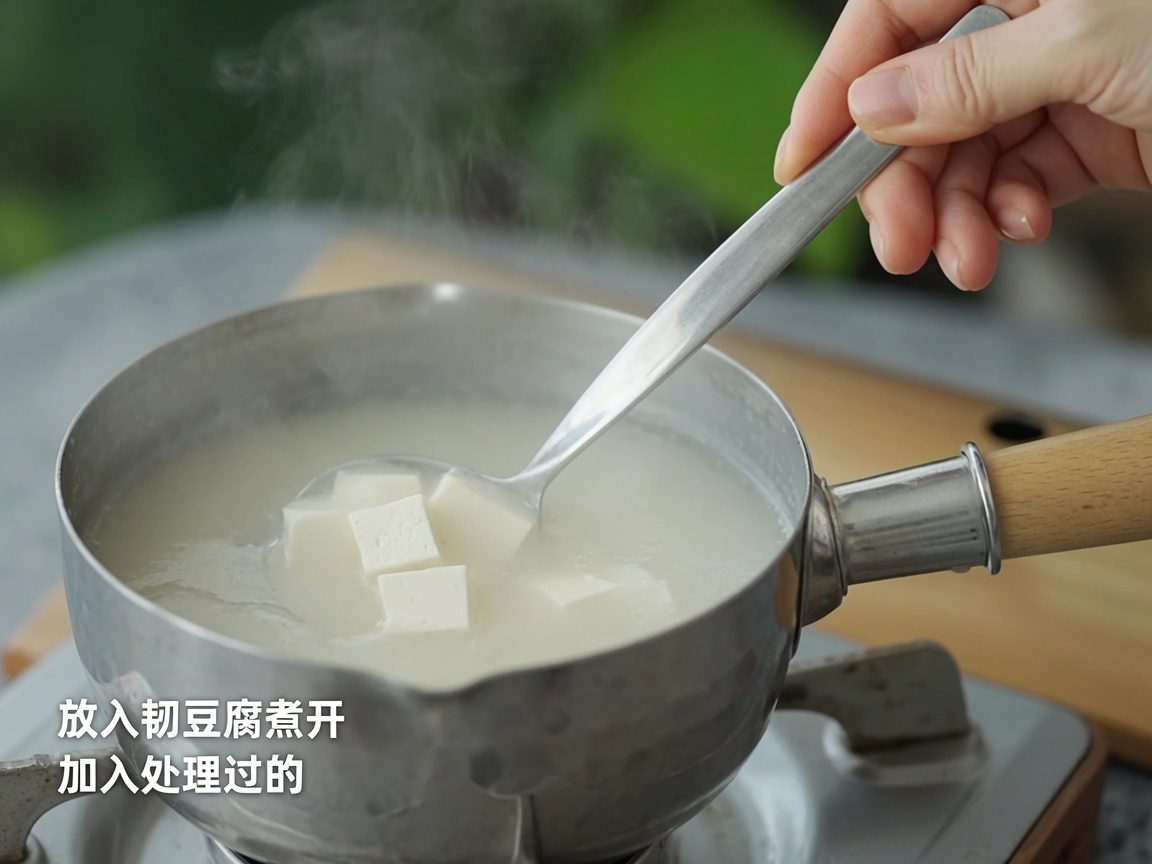 Cubetti di tofu bianco versati in una pentola di brodo di miso fumante.