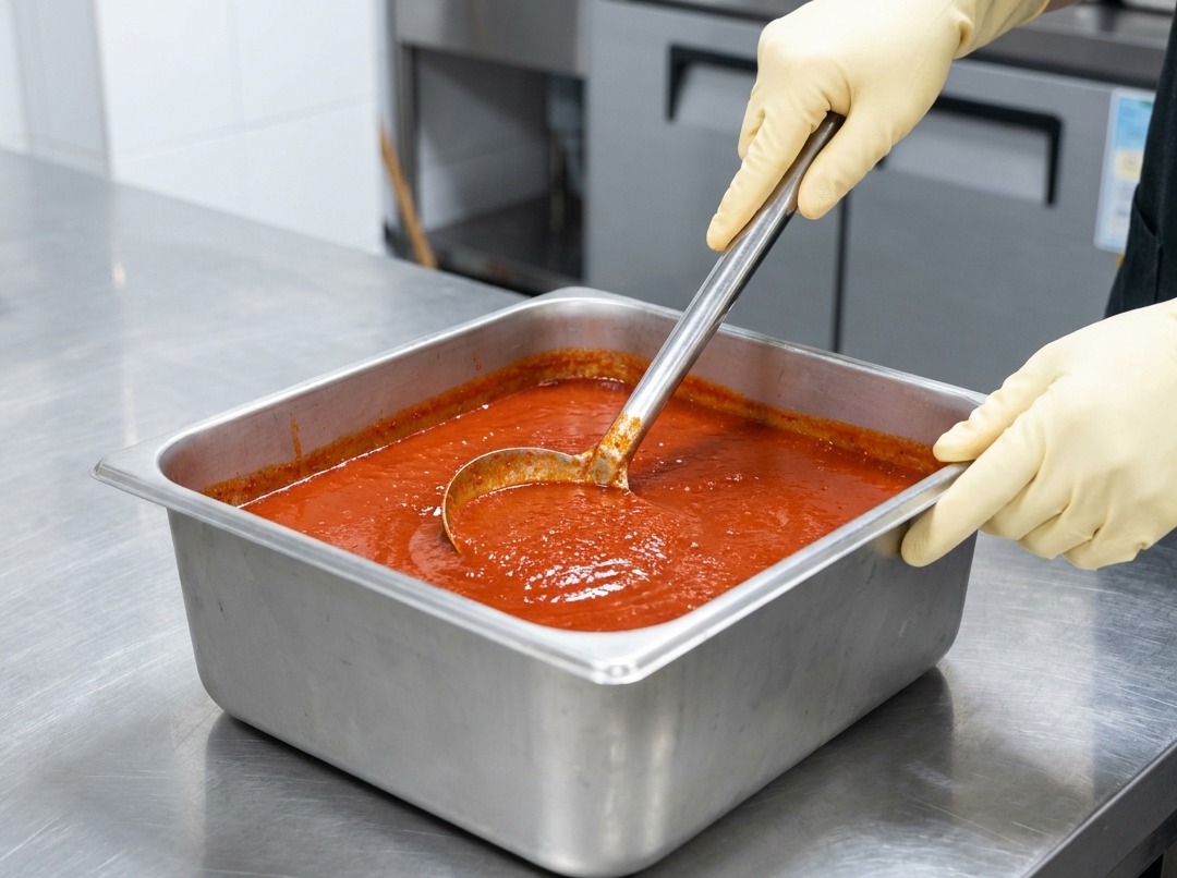Mestolare una densa e vivace salsa piccante rossa in una grande pentola dacqua.