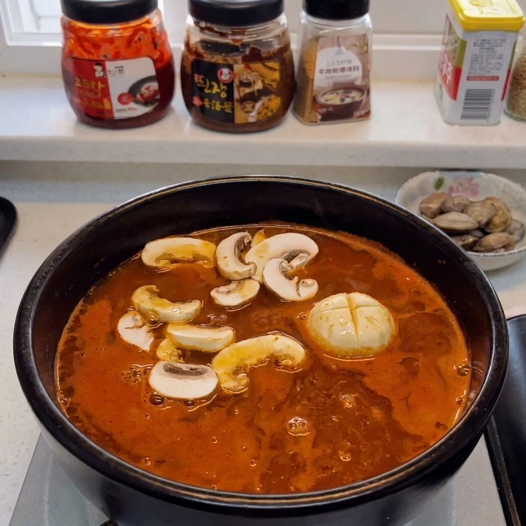 Funghi champignon affettati aggiunti nel wok con maiale, zenzero e aglio.