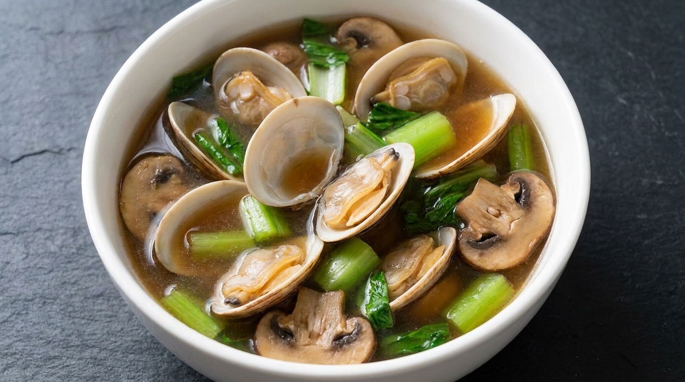 Zuppa saporita di vongole e funghi al miso