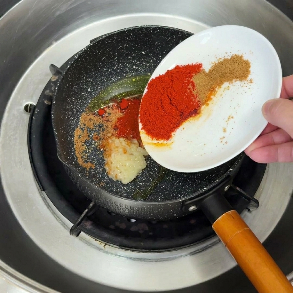 Aglio tritato e spezie che sfrigolano e dorano in olio caldo allinterno di una padella nera.