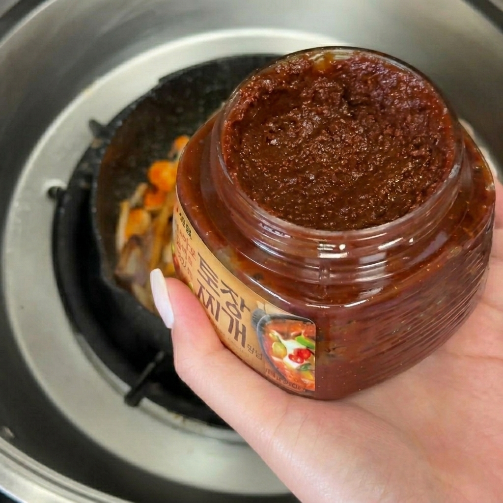 Un cucchiaio abbondante di densa pasta di soia coreana aggiunta alle verdure saltate in padella.