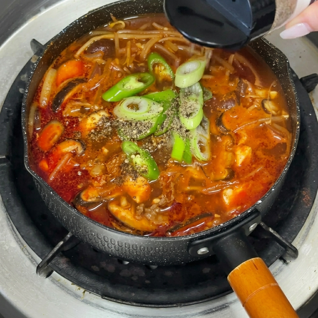 Polvere di perilla secca cosparsa sopra una pentola finita e fumante di stufato di manzo e doenjang.