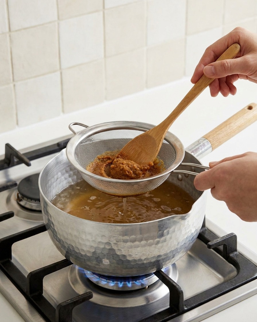 Due cucchiaiate di pasta di soia marrone spinte attraverso un colino a maglie fini nel brodo con un cucchiaio di legno.