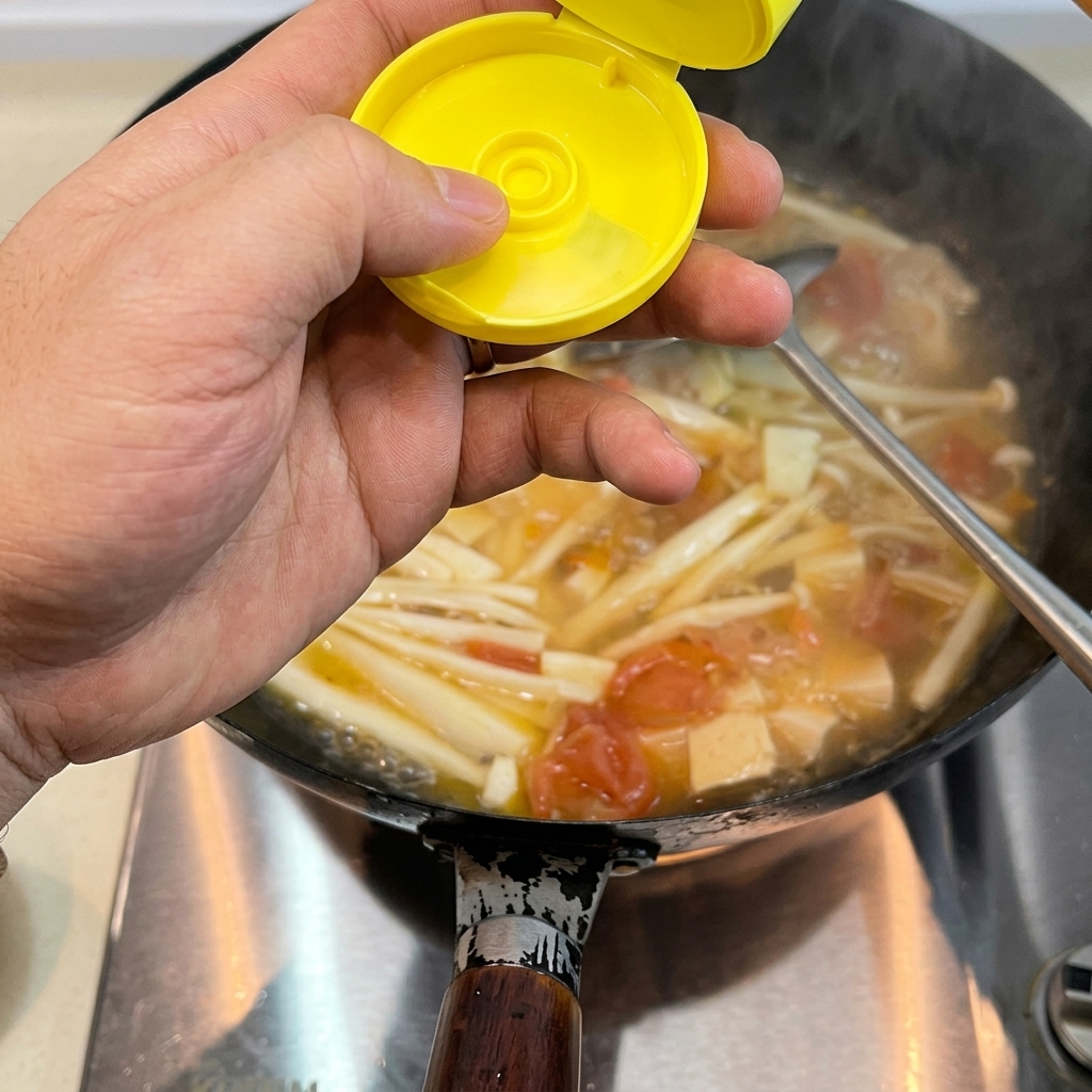 Un cucchiaio di strutto bianco che si scioglie in un liquido scintillante in un wok caldo.