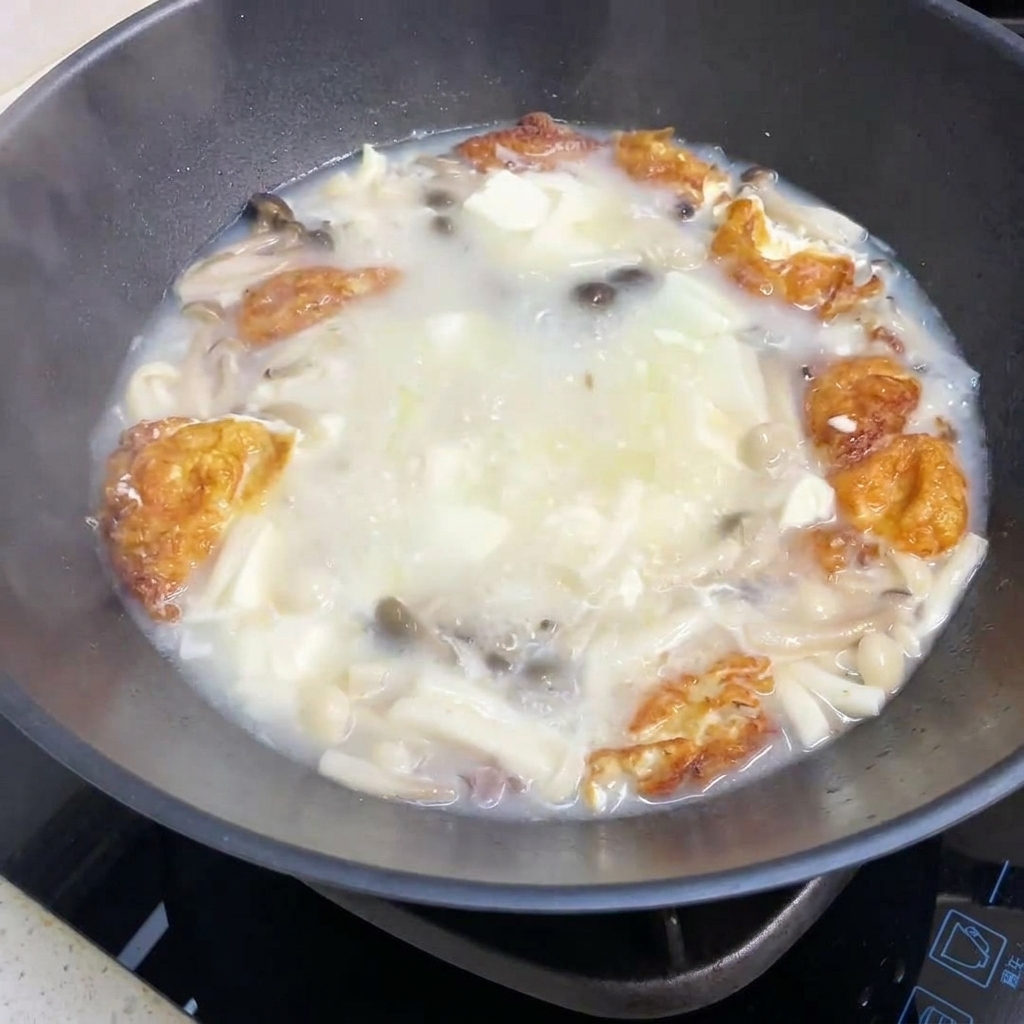 La zuppa di funghi e tofu che sobbolle in un wok con le spezie che vengono aggiunte.