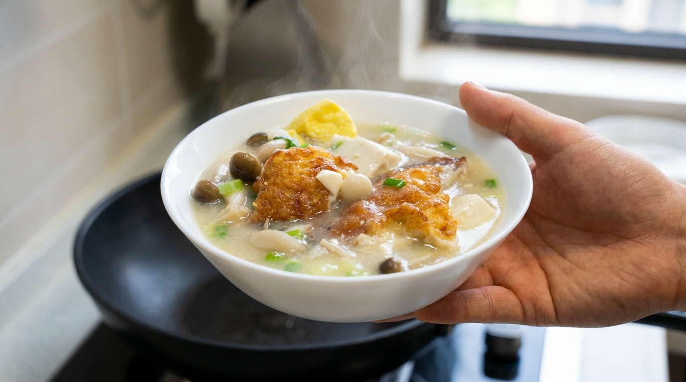 Zuppa di uova fritte, funghi e tofu