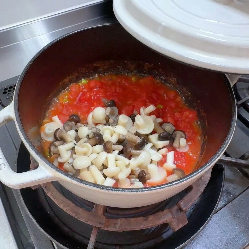 Funghi pioppini freschi aggiunti al composto di pomodoro cotto.