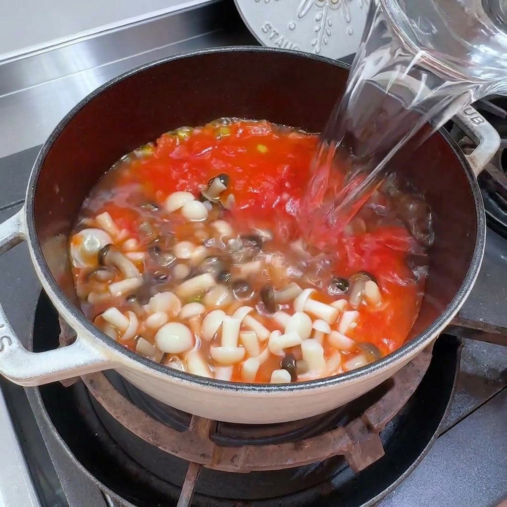 Acqua versata da una caraffa nella pentola della zuppa.