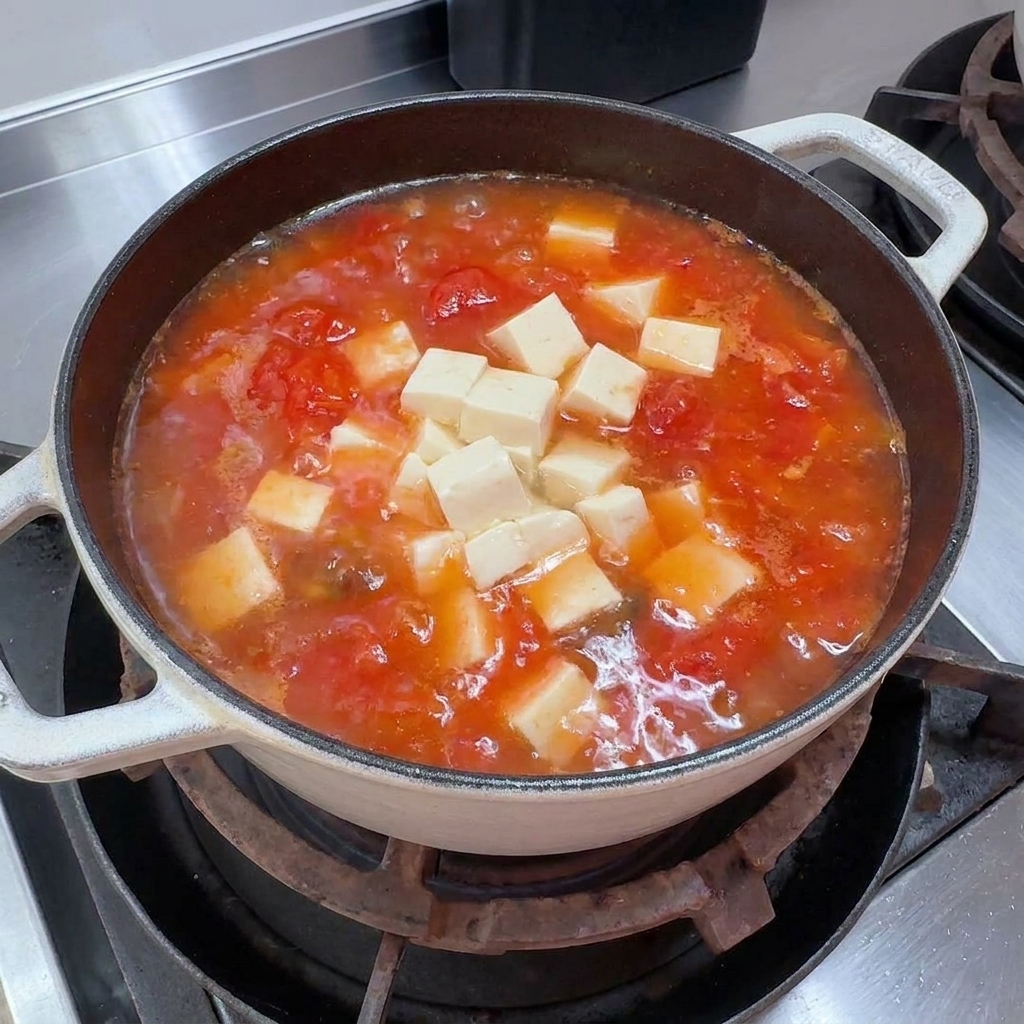 Cubetti di tofu morbido aggiunti al brodo di pomodoro e funghi in ebollizione.