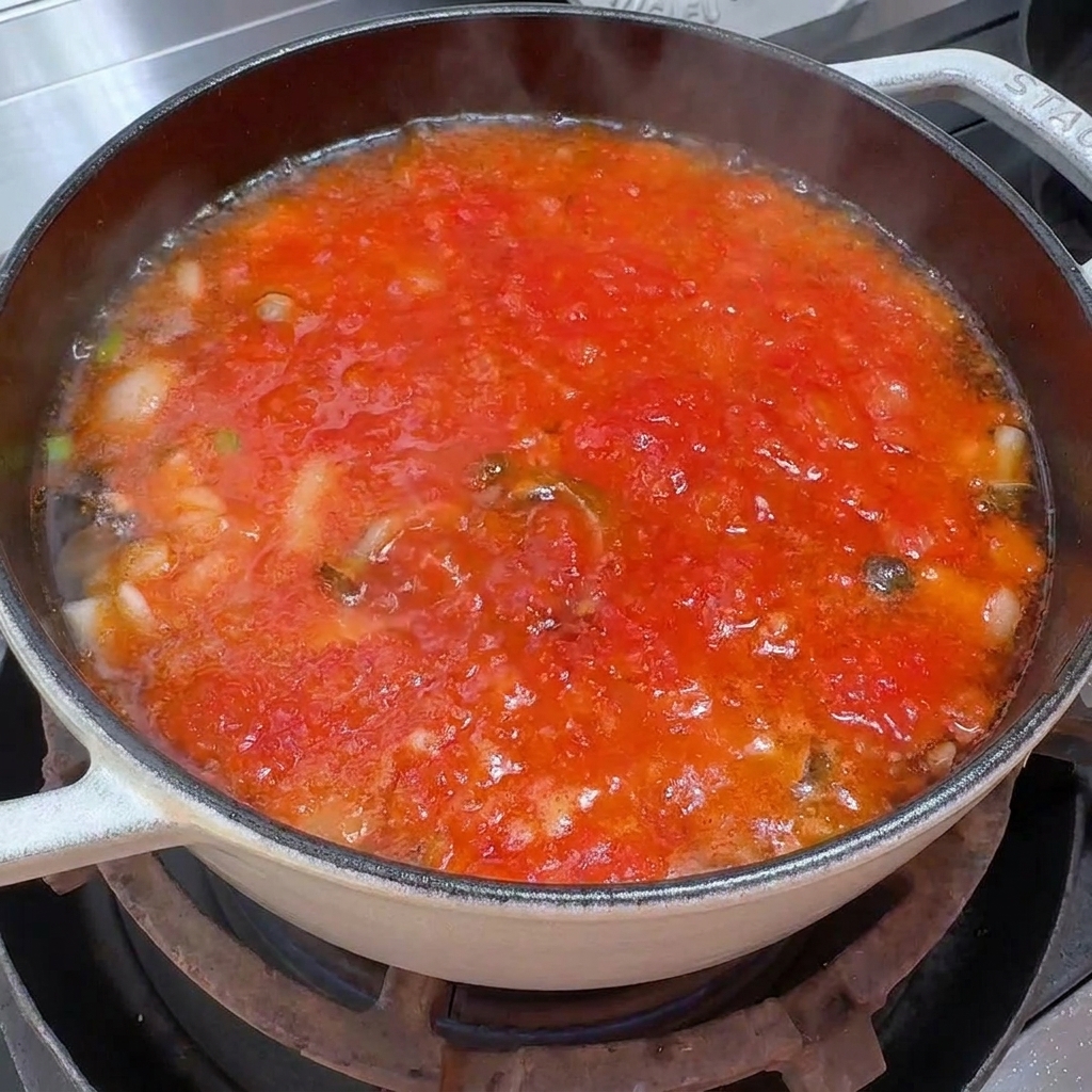 Una pentola di zuppa rossa di pomodoro e funghi che bolle sui fornelli.