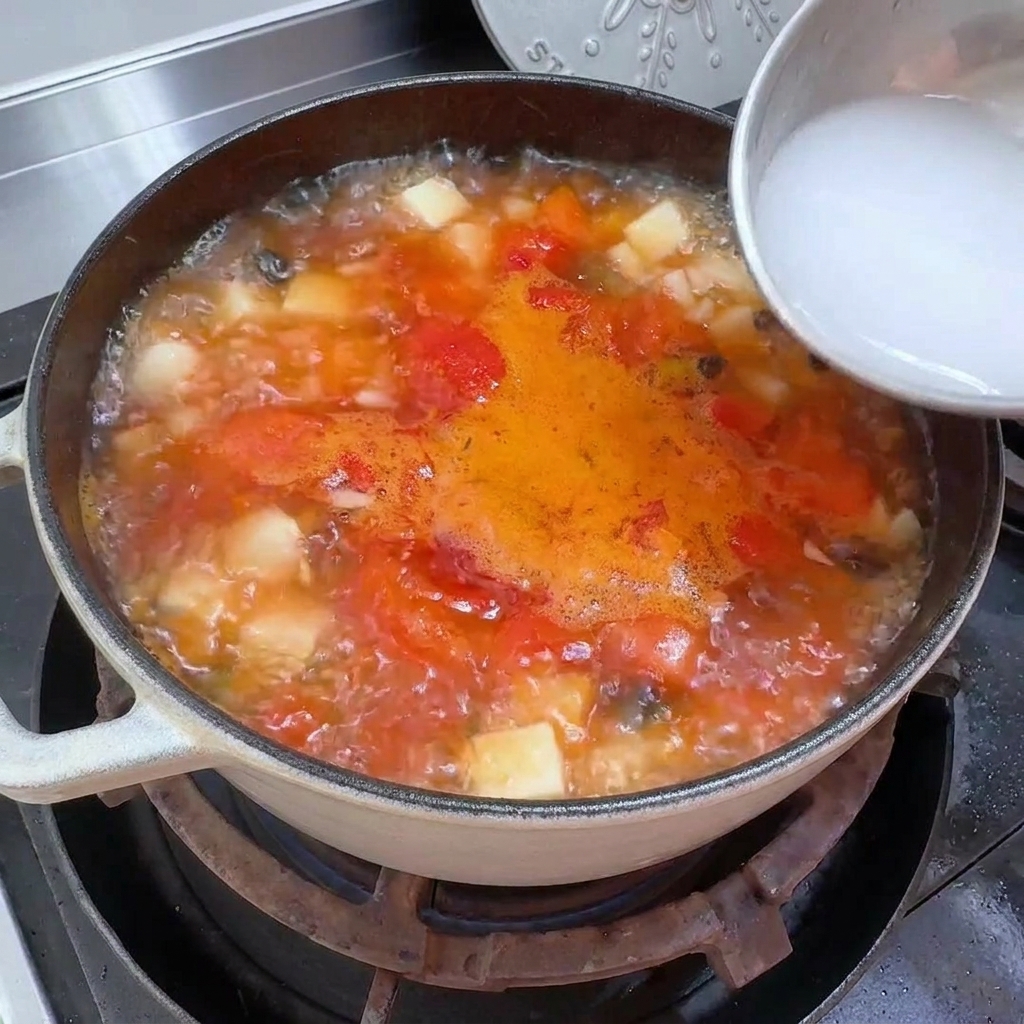 Versare una miscela bianca di acqua e amido da una ciotolina in una pentola di zuppa di pomodoro che bolle.