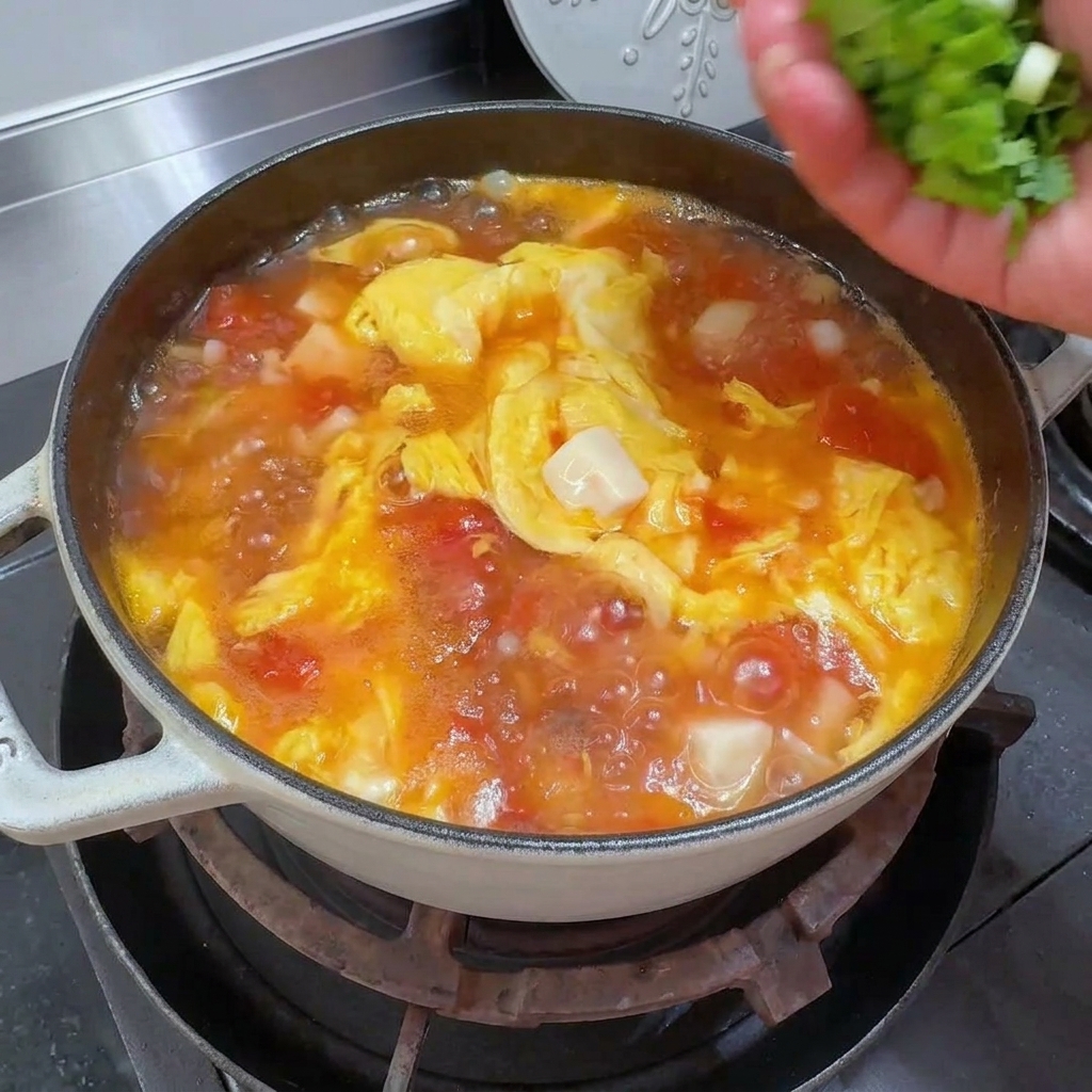 Primo piano di foglie di coriandolo fresco cosparse su una pentola di zuppa fumante.