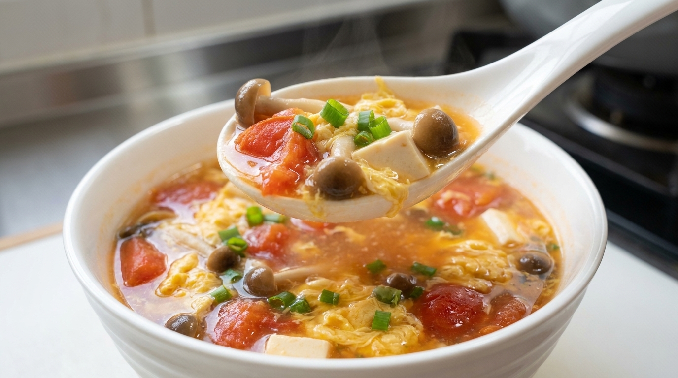 Una ciotola fumante di zuppa di pomodoro e funghi, ricca di tofu vellutato e cipollotto fresco.