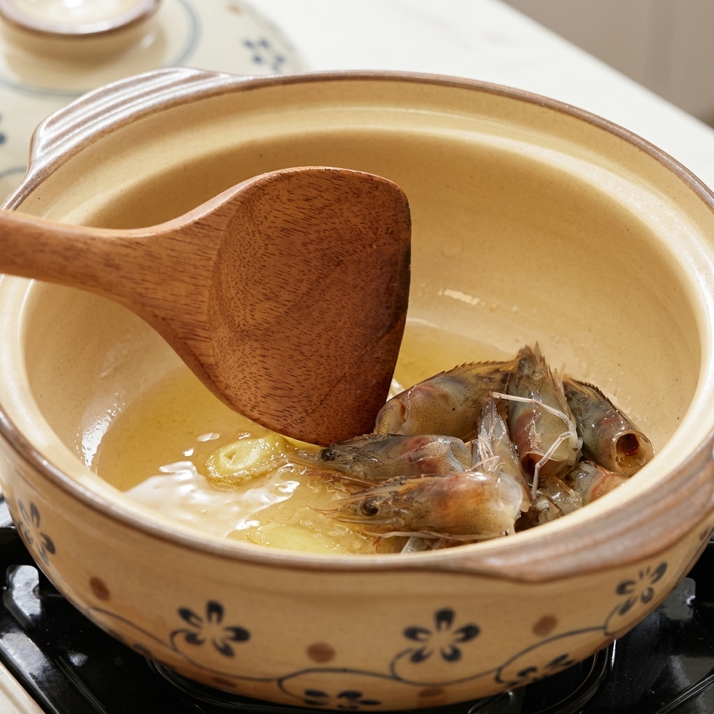 Teste di gambero e fette di zenzero che soffriggono in un vaso di terracotta con olio.