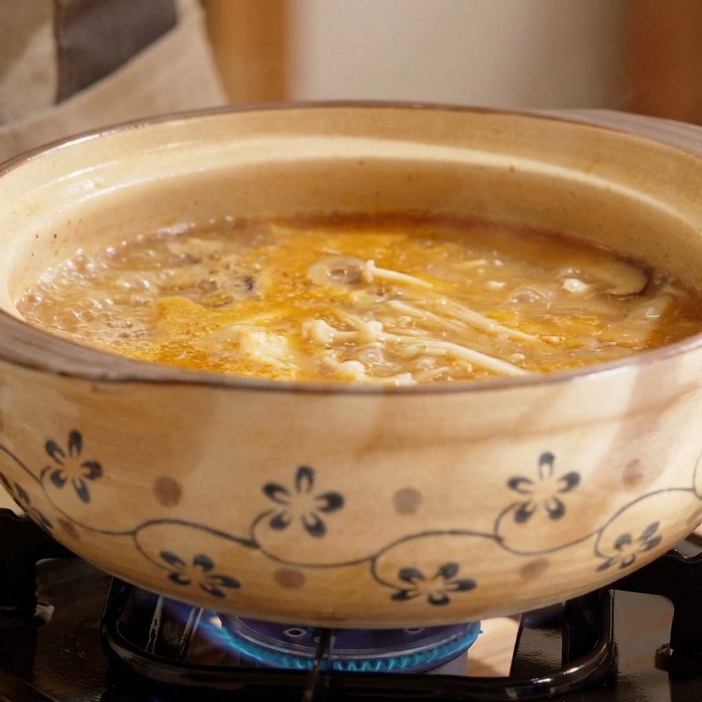 Cubetti di tofu morbido aggiunti alla base di funghi e brodo in un vaso di terracotta.