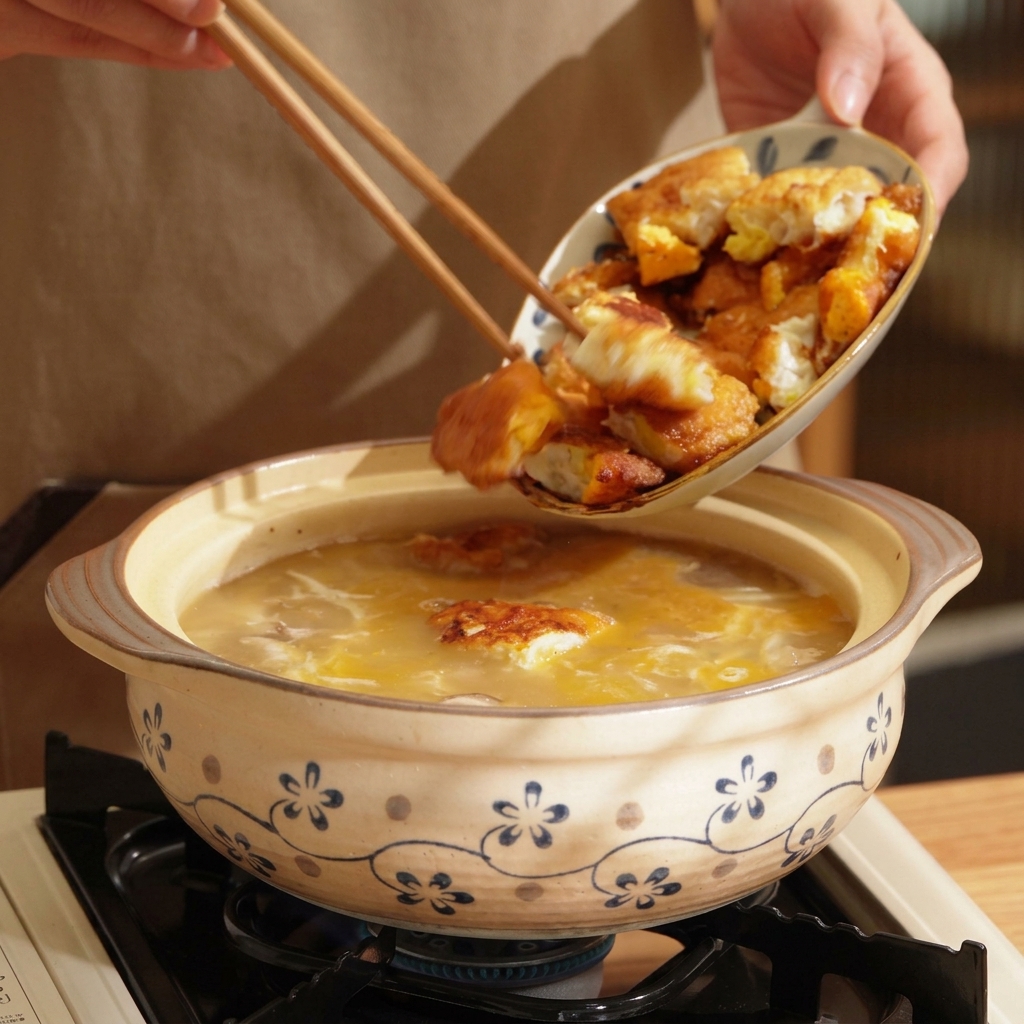 Pezzi di uovo fritto dorato aggiunti nel vaso di terracotta con brodo di funghi e tofu in ebollizione.