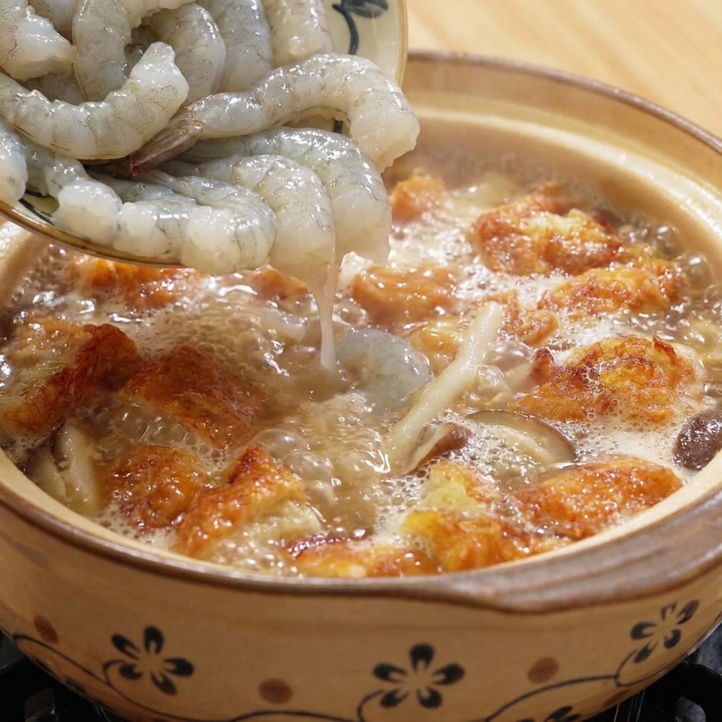 Gamberi crudi puliti versati nel vaso di terracotta contenente funghi, tofu e pezzi di uovo fritto.