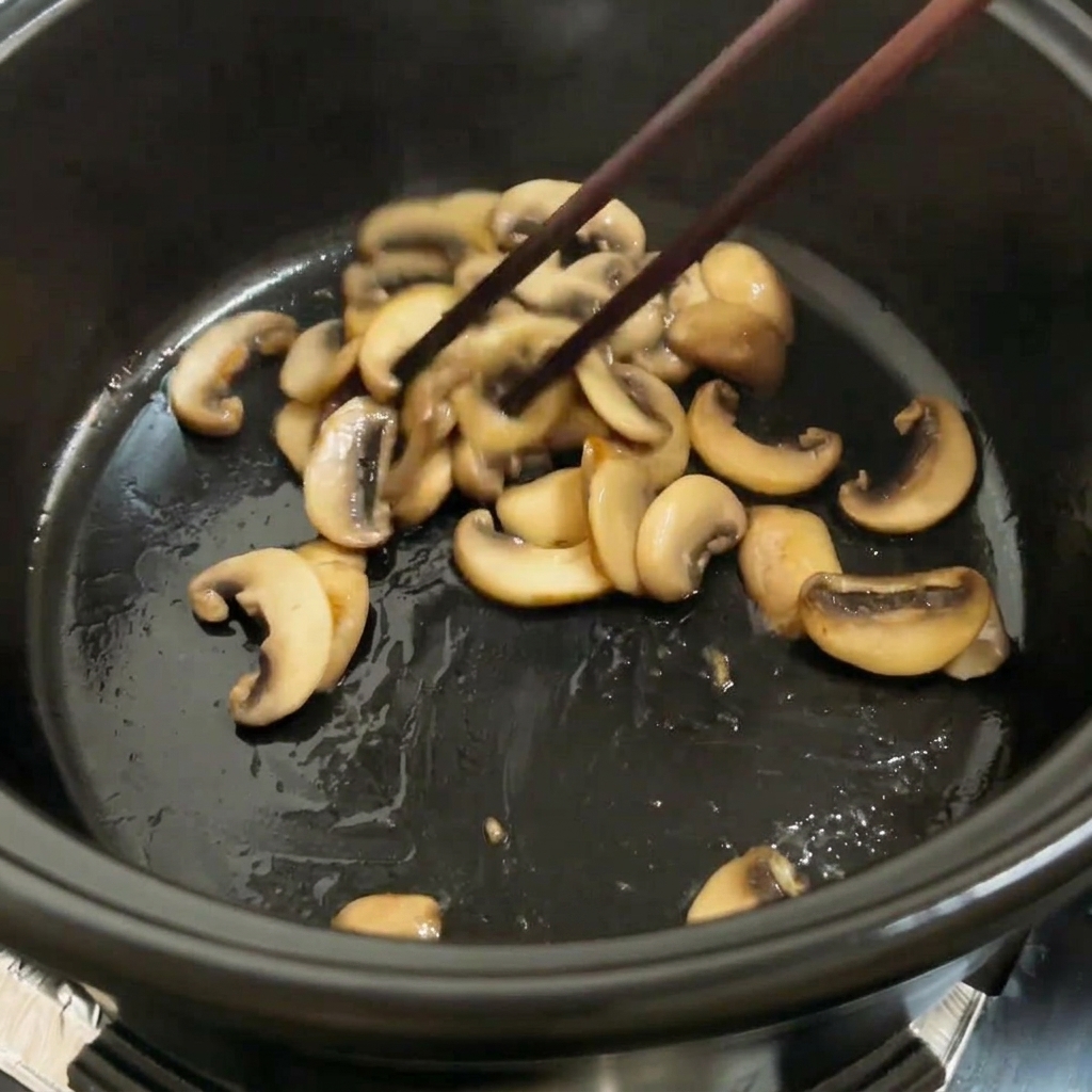 Pomodori a cubetti e funghi saltati insieme in una pentola.