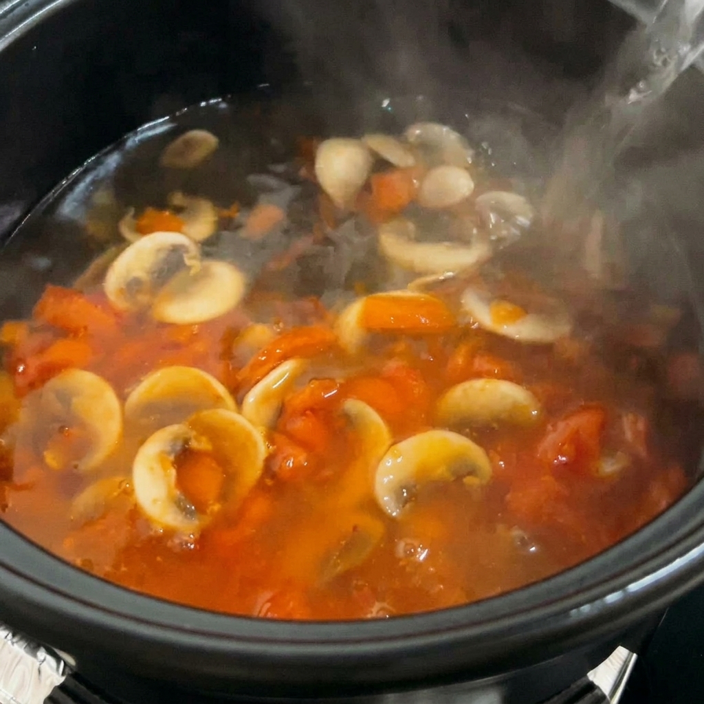 Acqua bollente versata nella pentola con il composto di pomodori e funghi.